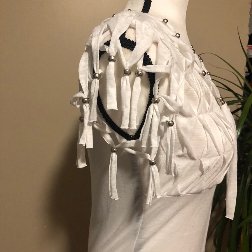Fringe and Beads Blouse Top Tee Shirt T-Shirt Mür Mür White V-Neck Size S - Picture 5 of 12